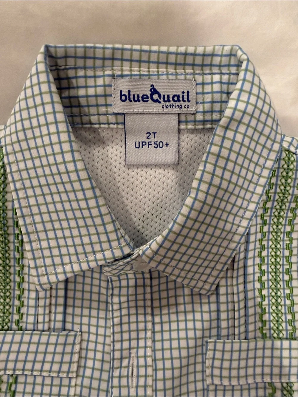 Blue Quail - Boys' Light Blue Checked Short Sleeve Shirt with Green Trim - Picture 2 of 5